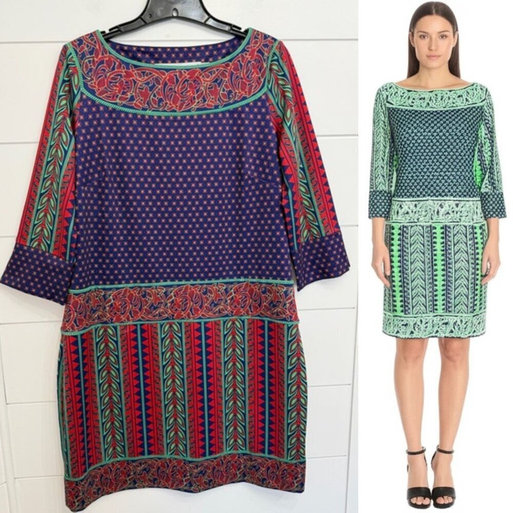 Gretchen Scott Geo Print Shift 3/4 Sleeve Mini Dress Size Large 23400